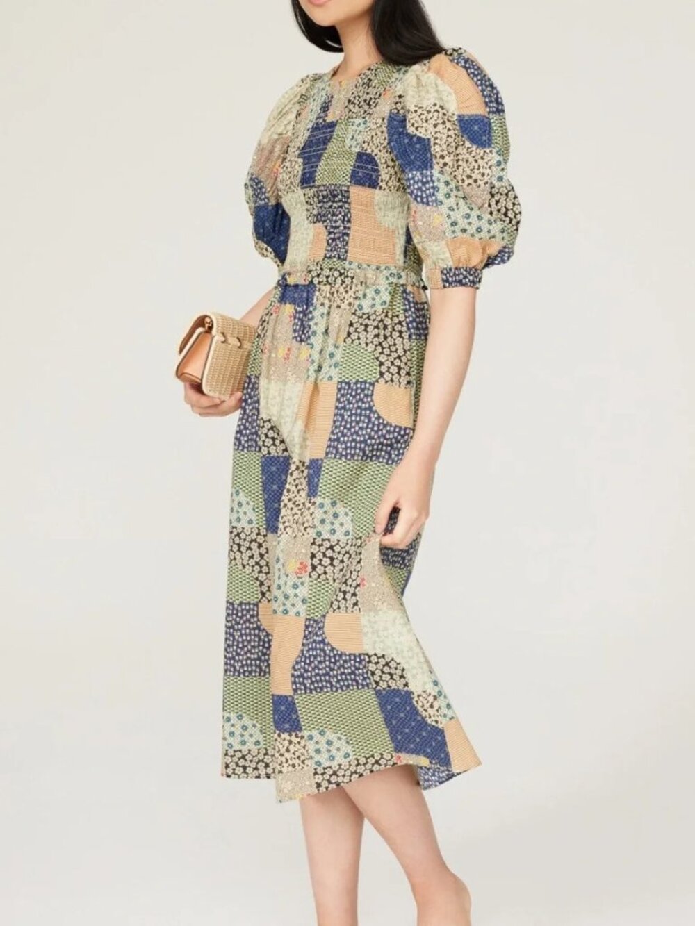 SEA New York Louie Midi Dress Puff sleeve Smocked Fall Patchwork Cottagecore M